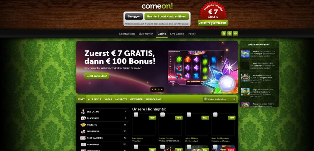ComeOn Casino: 7 Euro gratis & 100 Euro Einzahlungsbonus - Spielcasino