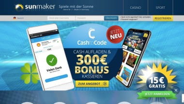 Sunmaker: Bis zu 300 Euro Bonus für CashtoCode-Einzahlungen