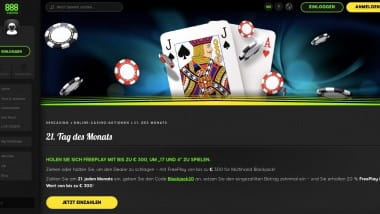 888 Casino: Jeden Monat bis zu 300 Euro Black-Jack-Reload sichern