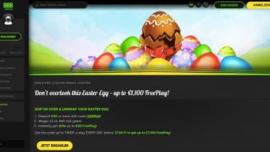 888 Casino: Bis zu 1.100 Euro Oster-Freeplay sichern