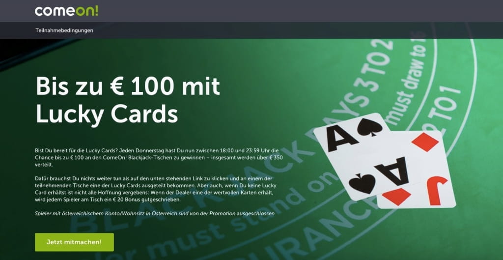 ComeOn Casino: Bis zu 100 Euro mit den Lucky Cards sichern - Spielcasino